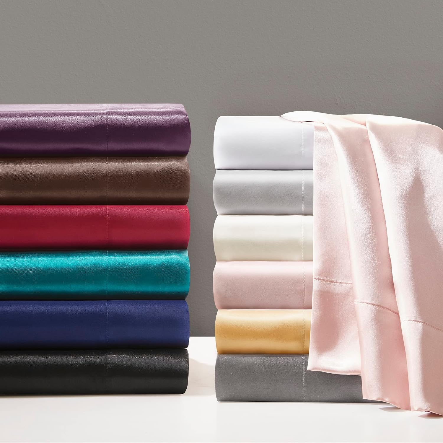 Madison Park Essentials Satin Sheet Set Luxury and Silky with Natural Sheen, Elastic 14" Pocket fits up to 16" Mattress, All Around…