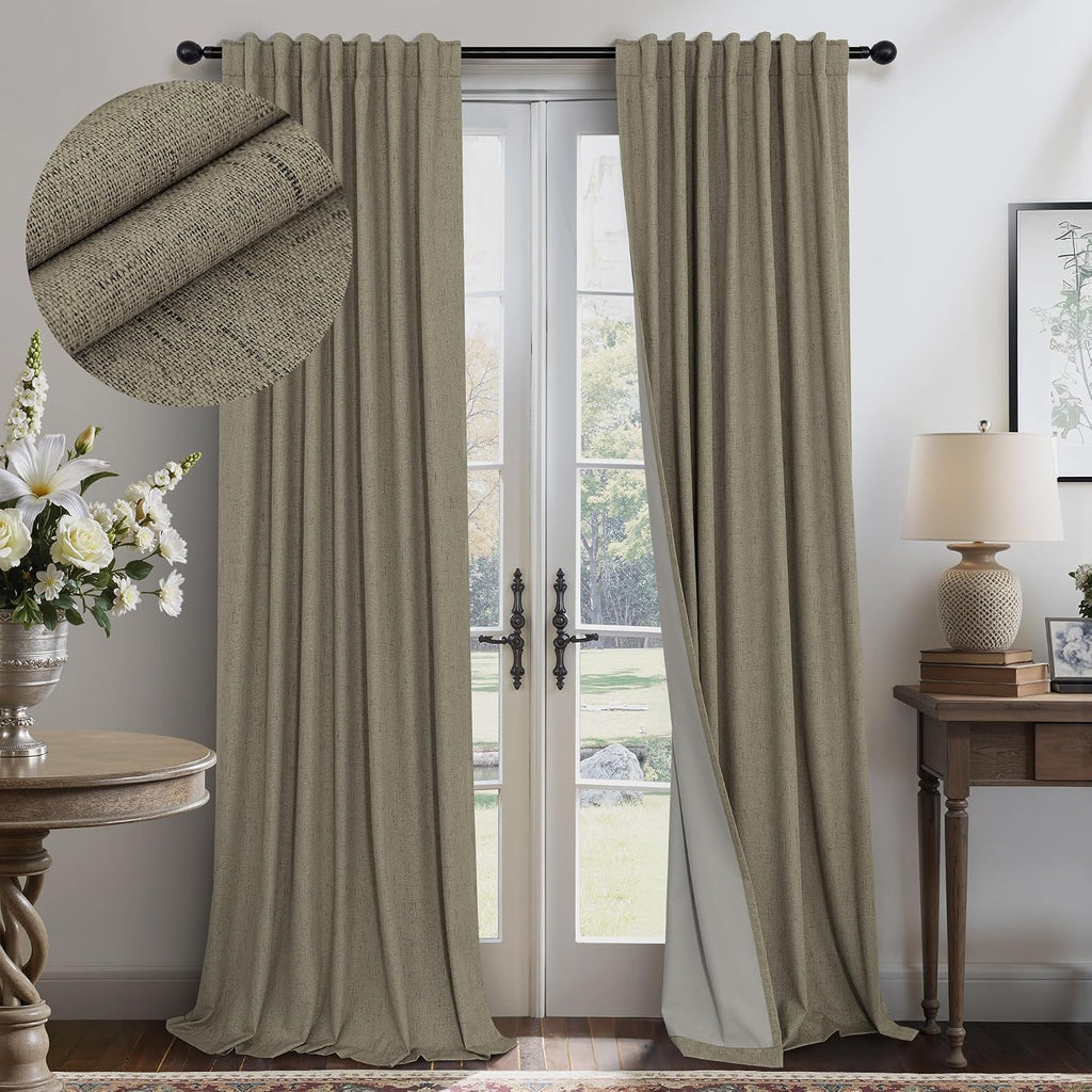 Pitalk Taupe Blackout Curtains 90 Inches Long Thick Linen Patio Curtain for Sliding Glass Doors Neutral Cottagecore Home Decor Living Room…