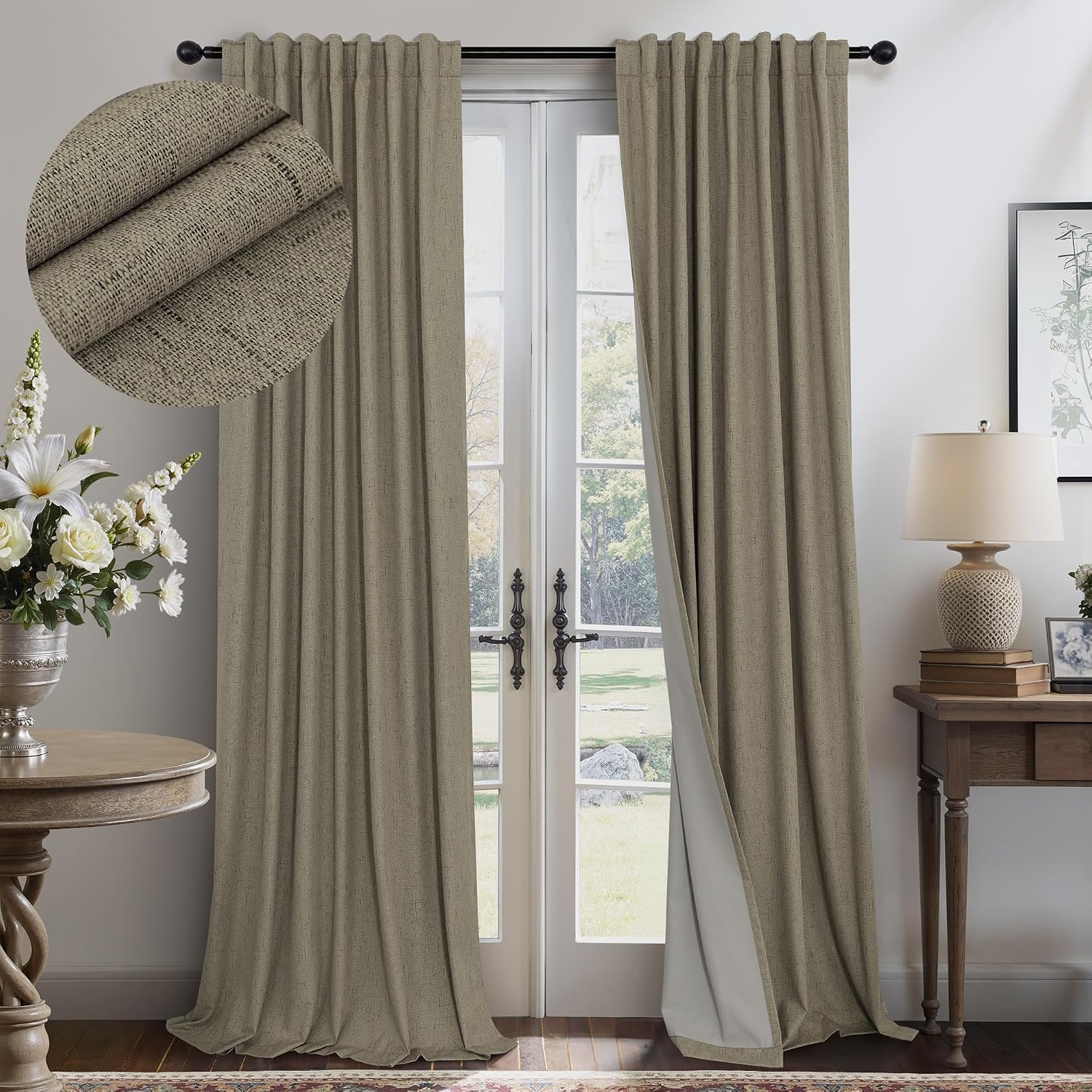 Pitalk Taupe Blackout Curtains 90 Inches Long Thick Linen Patio Curtain for Sliding Glass Doors Neutral Cottagecore Home Decor Living Room…