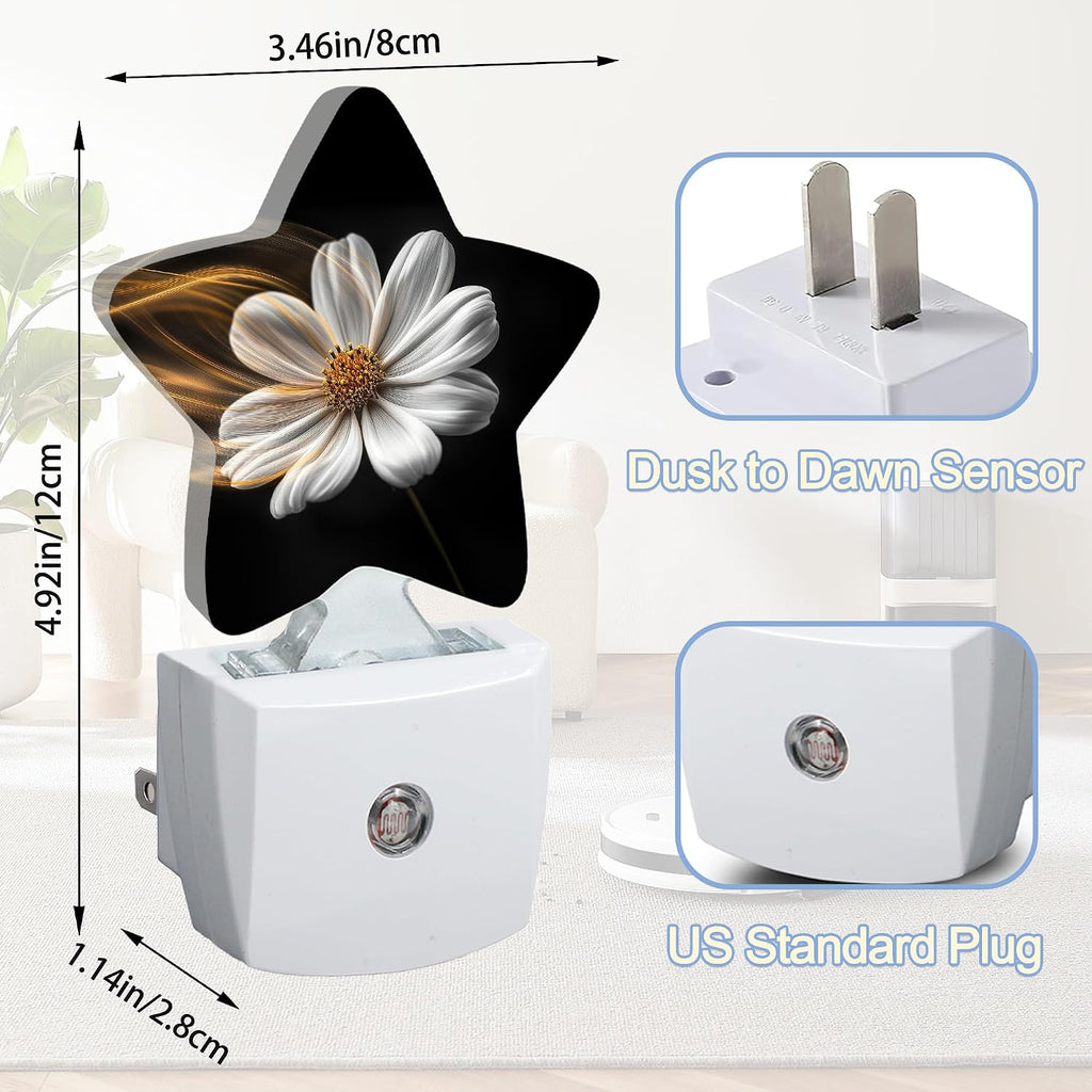 Snowmolle White Daisy Flower Dusk to Dawn Star Night Light, Abstract Floral Smart Sensor Nightlight for Bedroom Kitchen Hallway Stairs, Plug-…