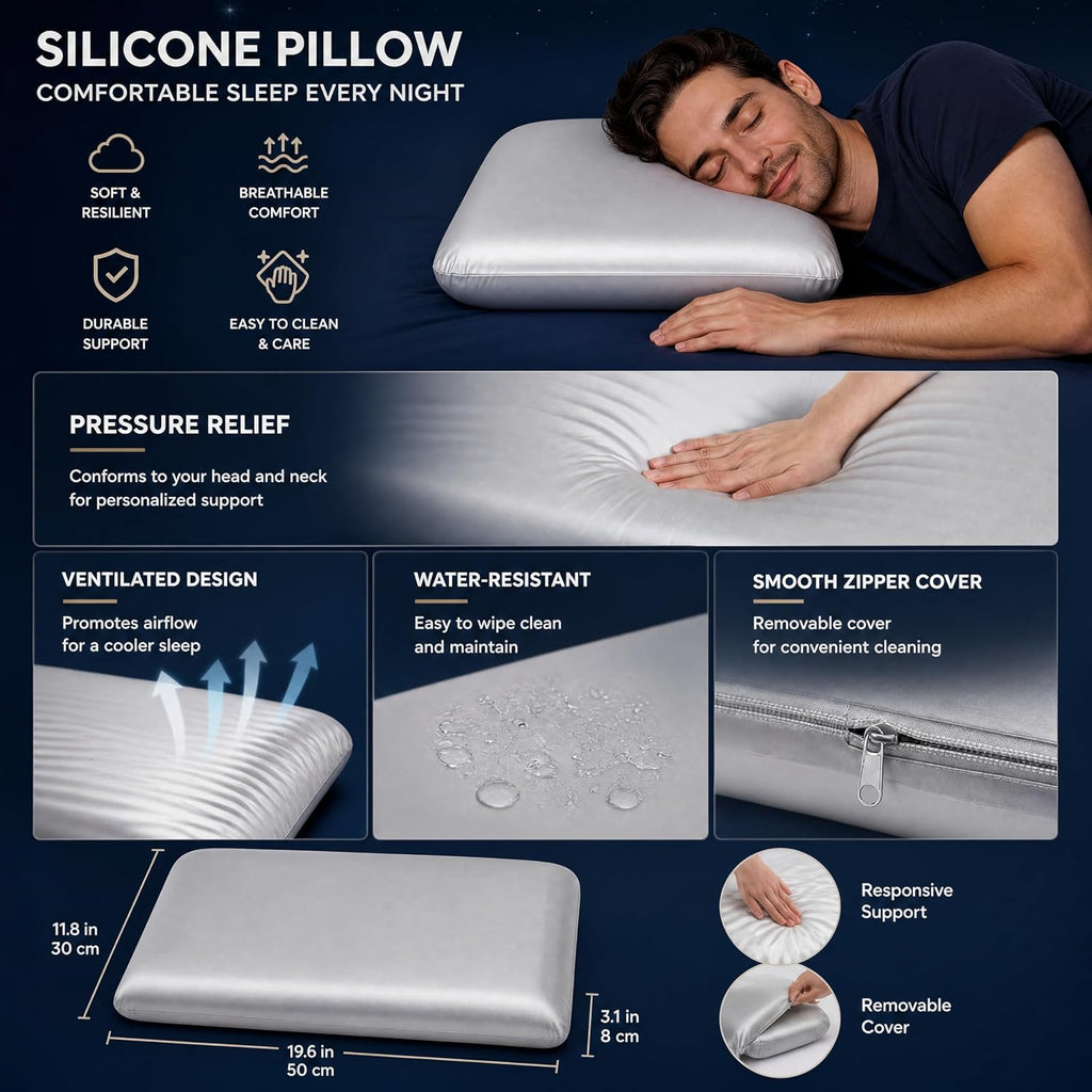 Wave Silicone Pillow for Sleeping, Cooling Ergonomic Neck Support Pillow with High Resilience Medium Firm Support, Breathable Washable…