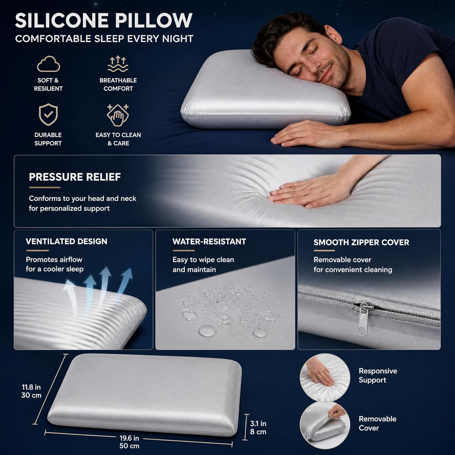 Wave Silicone Pillow for Sleeping, Cooling Ergonomic Neck Support Pillow with High Resilience Medium Firm Support, Breathable Washable…