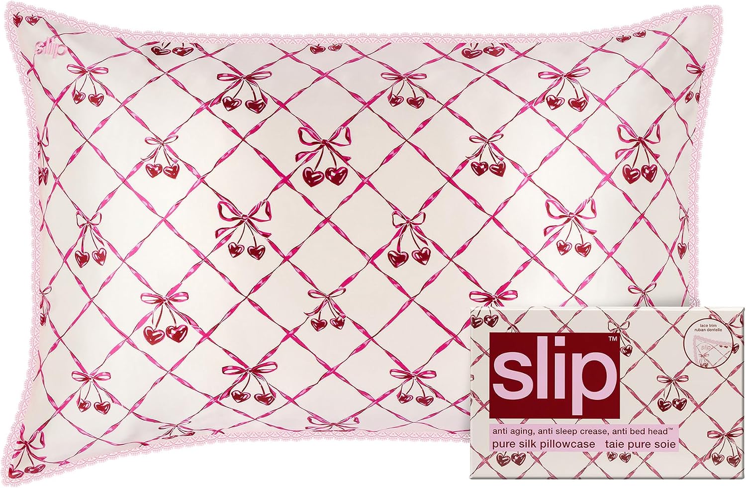 slip Queen Silk Pillowcase – Sweet Cherry Limited Edition with Lace Trim – 100% Pure Mulberry SlipsilkTM – Anti-Frizz, Anti-Crease…