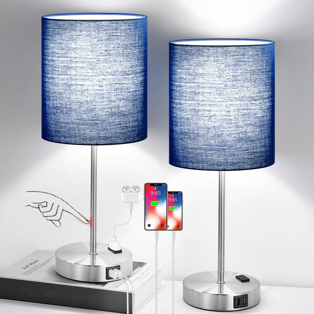 Set of 2 Touch Control Table Lamps with 2 USB & AC Outlet, 3-Way Dimmable Bedside Nightstand Lamps for Bedroom Living Room Nursery, 800…