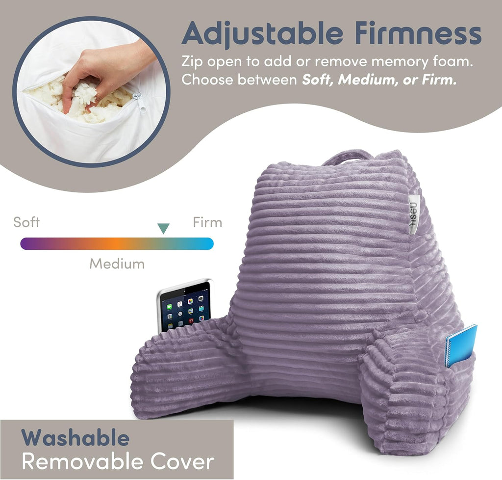Nestl Reading Pillow with Shredded Memory Foam, Luxe Cut Plush Back Pillow for Sitting Up in Bed, Back and Arms Adjustable Support for…