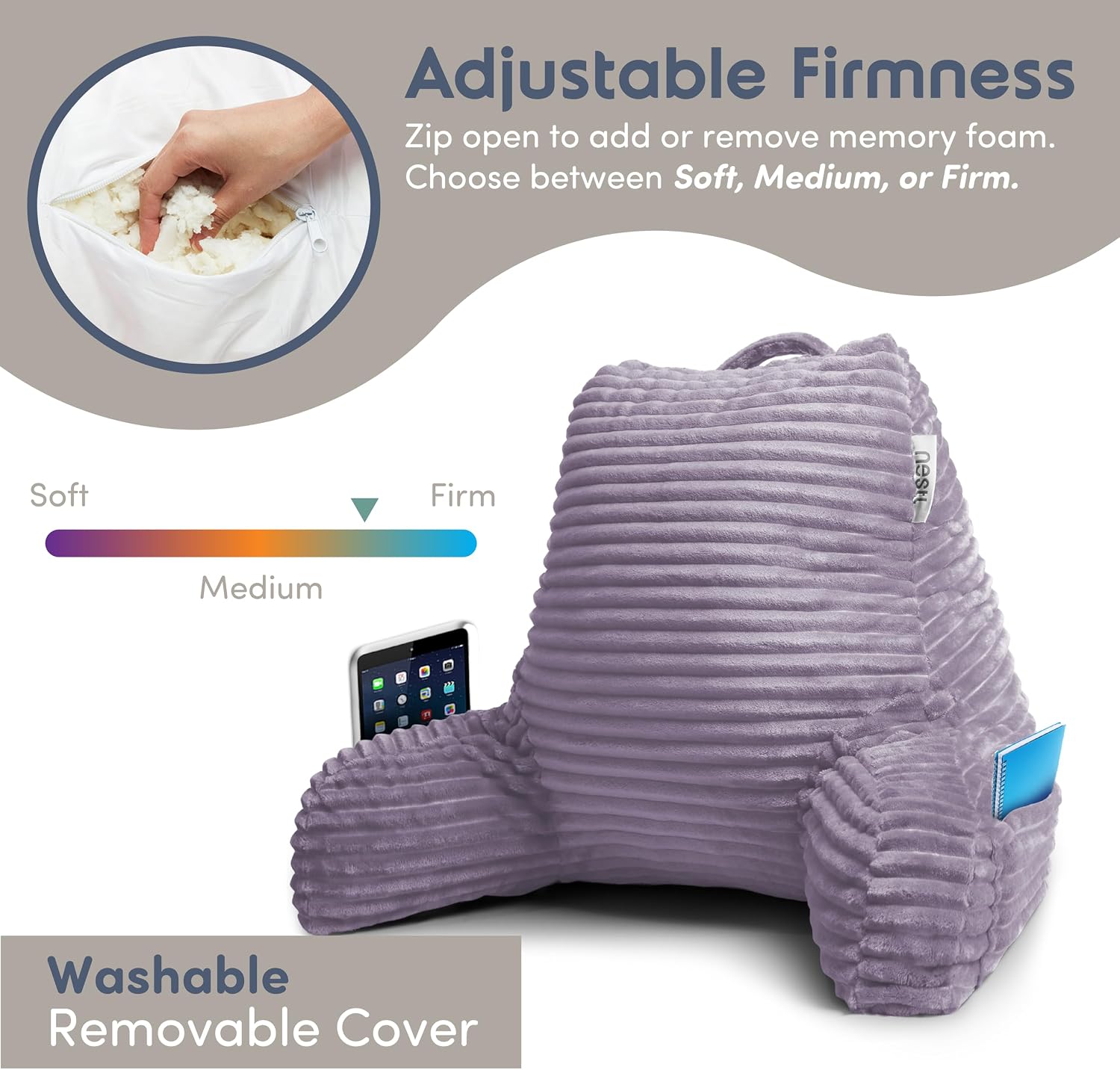 Nestl Reading Pillow with Shredded Memory Foam, Luxe Cut Plush Back Pillow for Sitting Up in Bed, Back and Arms Adjustable Support for…