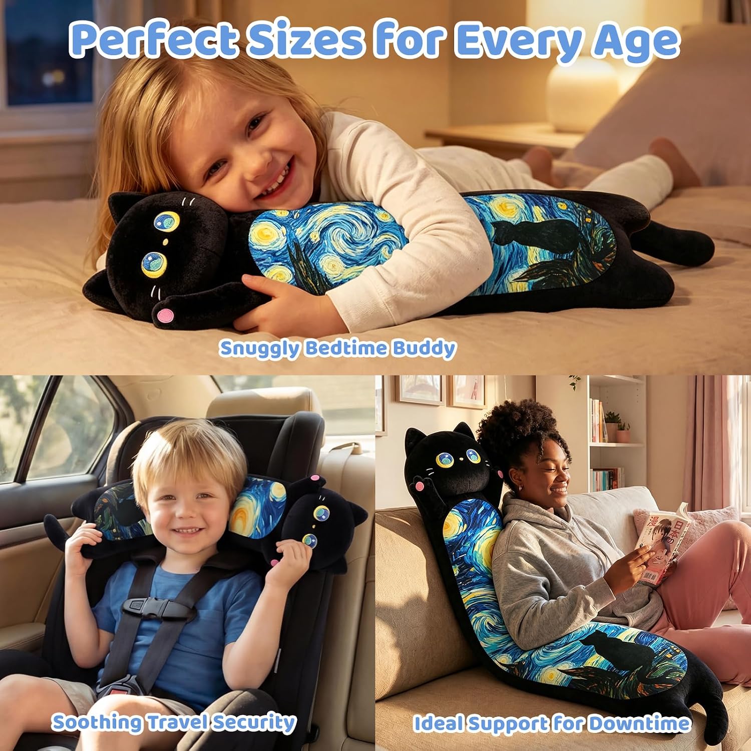 Mewaii Long Cat Plush 5 Sizes, 120% Extra Filling Giant Plushness Kids Body Pillow, Kawaii Cute Black Starry Cat Stuffed Animals…