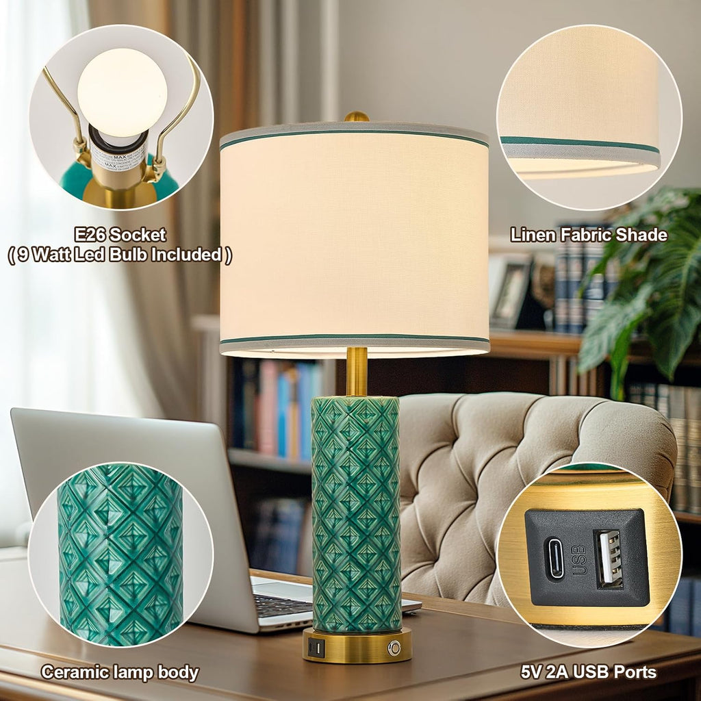 Set of 2 Table Lamp for Living Room Bedroom Farmhouse,26'' Touch Control Bedroom Turquoise Ceramic Lamps 3-Way Dimmable Bedside Lamps…