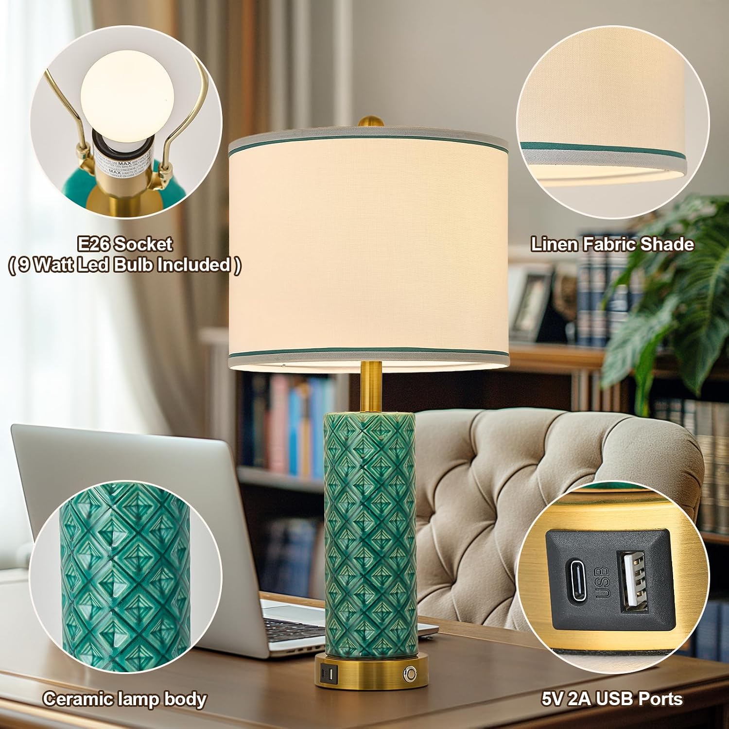 Set of 2 Table Lamp for Living Room Bedroom Farmhouse,26'' Touch Control Bedroom Turquoise Ceramic Lamps 3-Way Dimmable Bedside Lamps…