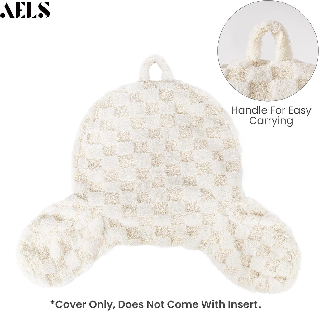 Aels Large Reading Pillow Replacement Cover with Arms and Pockets (Cover ONLY), 18" Soft Faux Fur Checkered Backrest Pillow Cover Fits Stan…