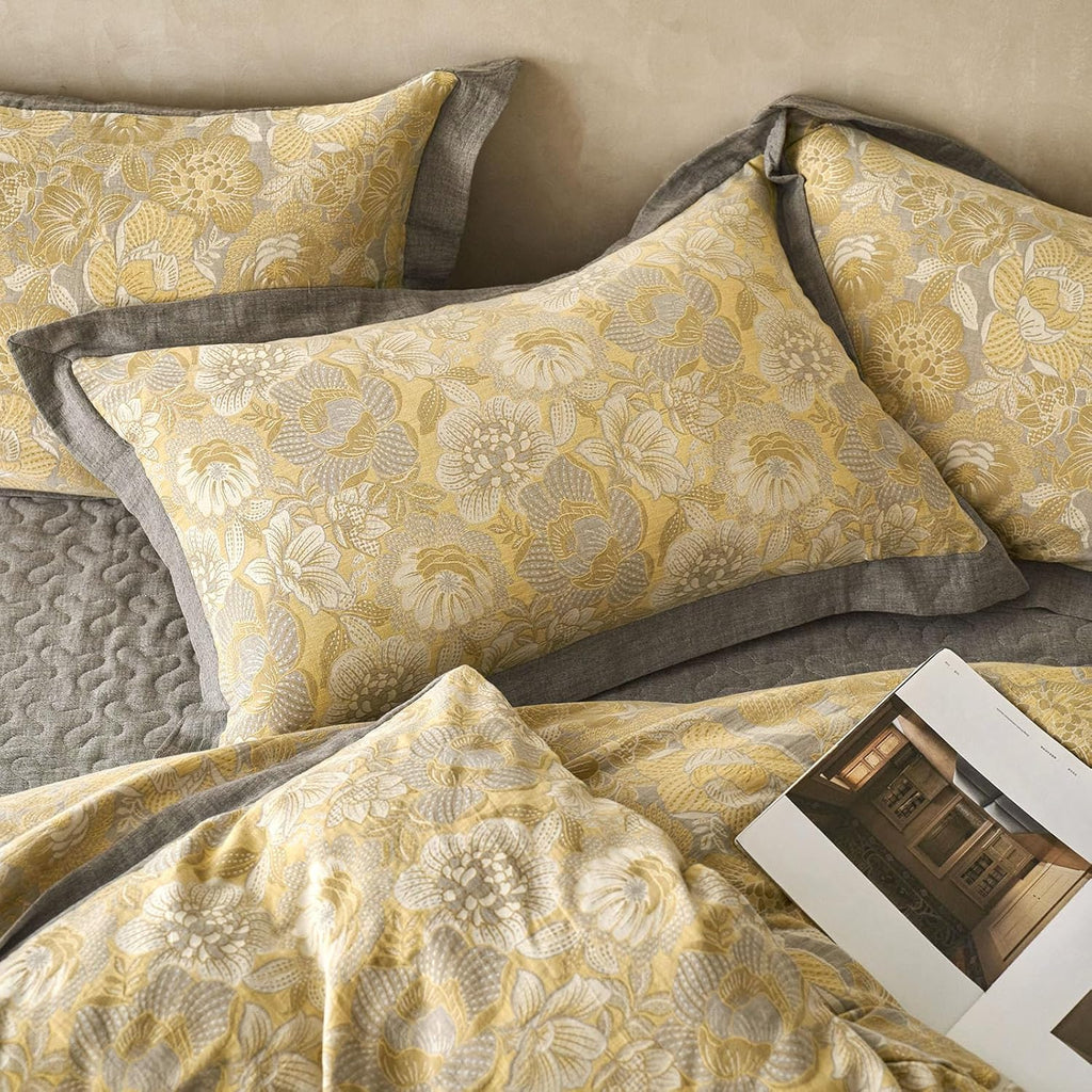 mixinni Duvet Cover King, Cotton Double-Layer Yarn Golden Floral Jacquard Reversible Grey Comforter Cover with Edge Design, Farmhouse Beddi…