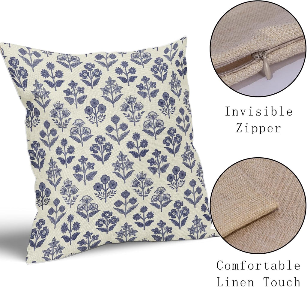 Navy Blue Floral Pillow Covers 22x22 Inch Set of 2, Vintage Flower Block Print Pattern Decorative Throw Pillowcases Outdoor Farmhouse…
