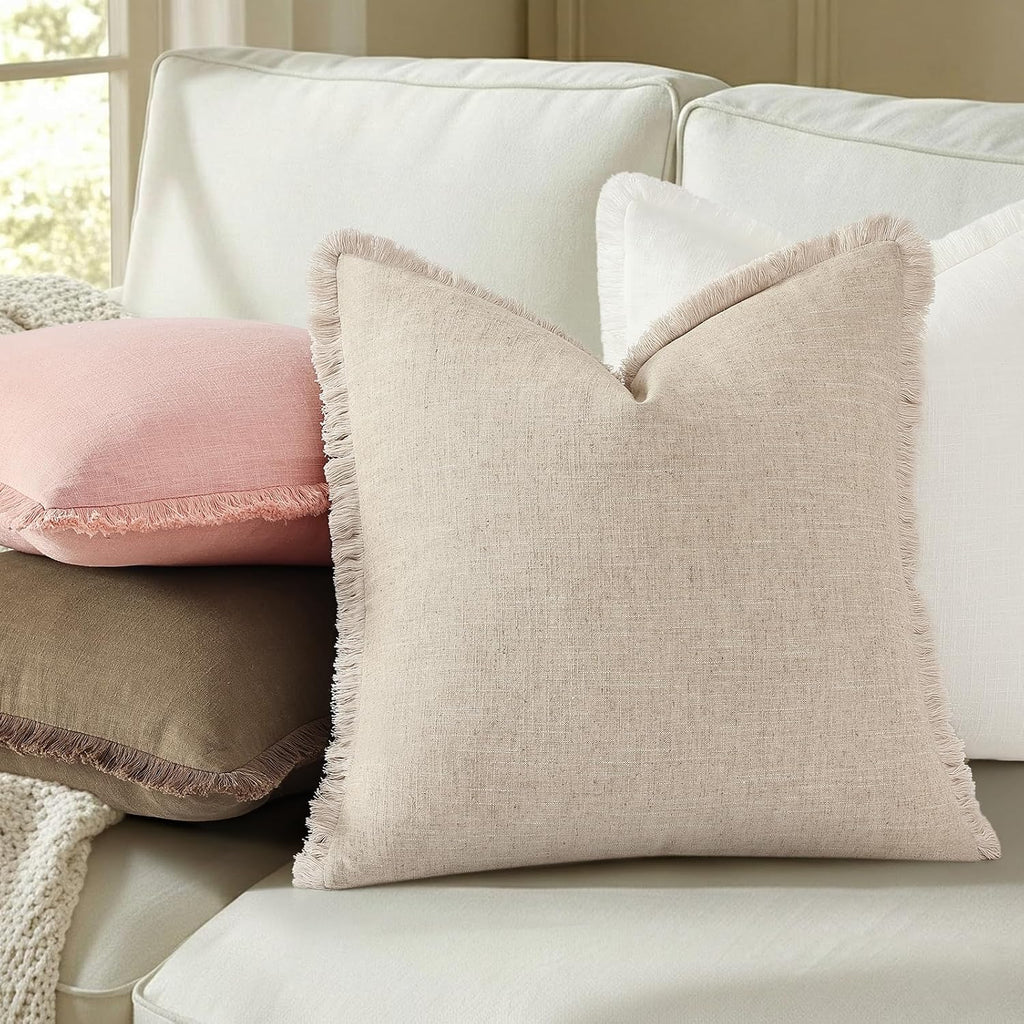 decorUhome Summer Decorative Neutral Linen Fringe Lumbar Throw Pillow Covers Set of 2 Pink Pillow Covers with Tassels Soft Farmhouse Boho A…
