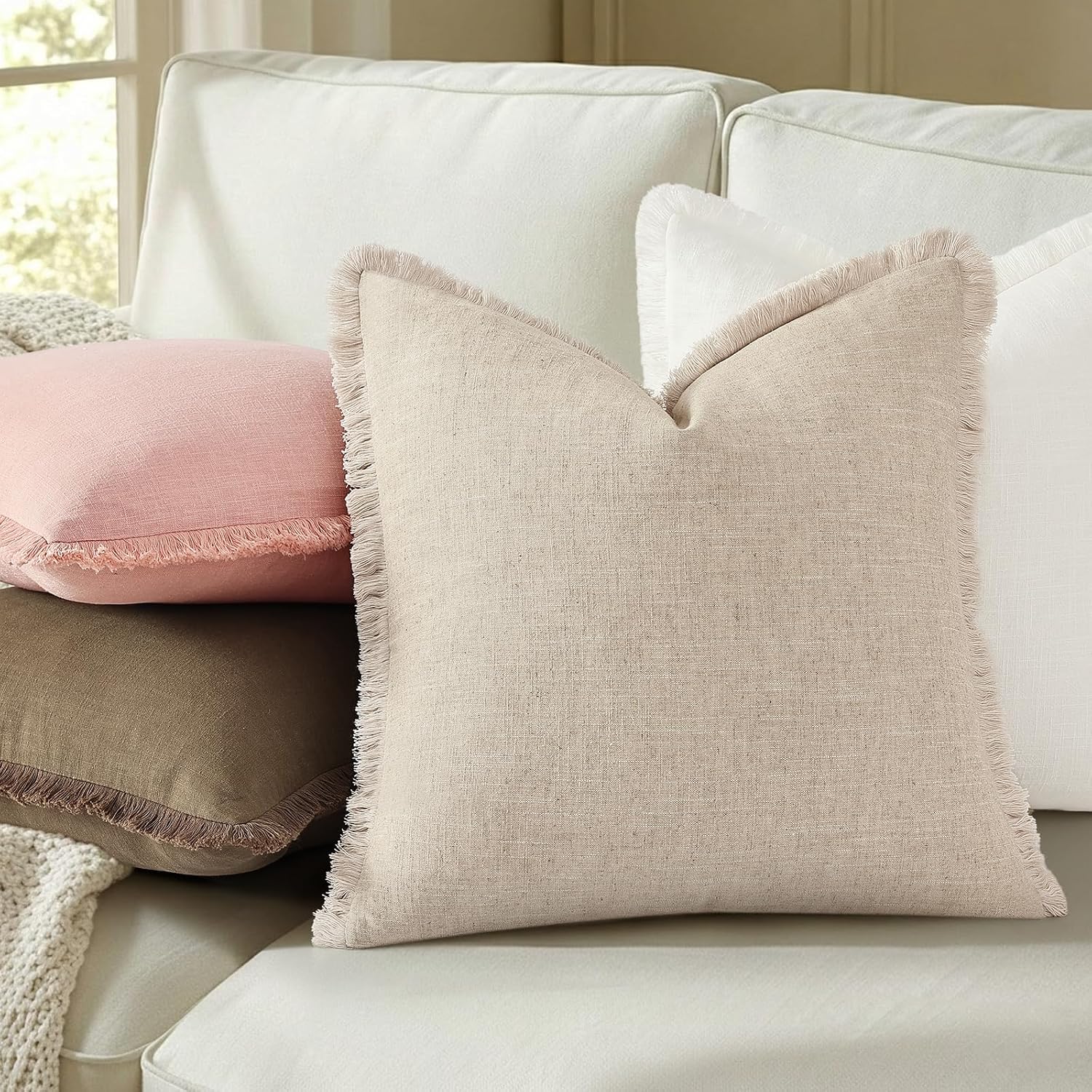 decorUhome Summer Decorative Neutral Linen Fringe Euro Sham Throw Pillow Covers Set of 2 Pink Pillow Covers with Tassels Soft Farmhouse Boh…