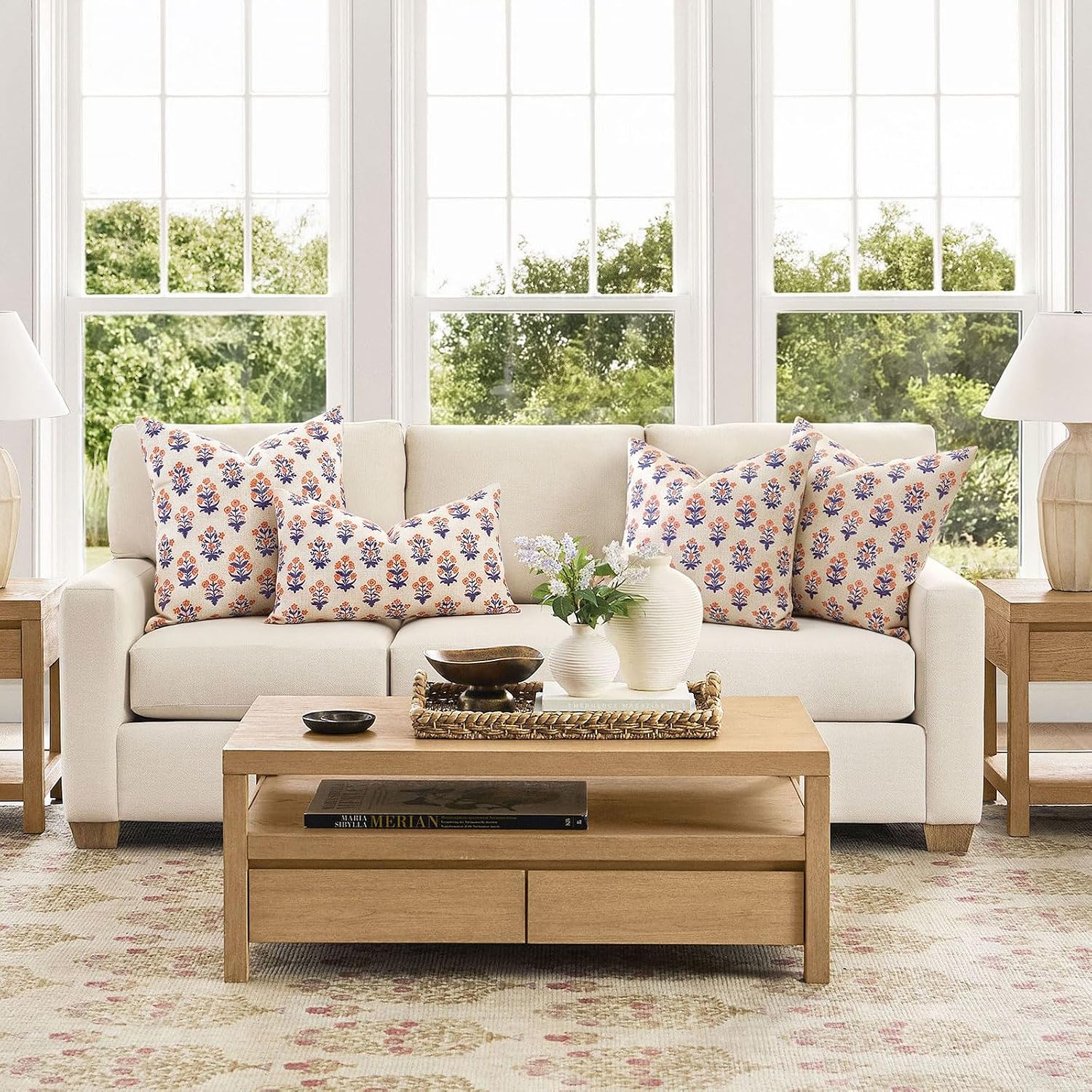 OTOSTAR Floral Print Pillow Covers 22x22 Inch Pack of 2 Double-Sided Navy Blue Orange Flower Square Throw Pillow Covers Farmhouse Rustic…