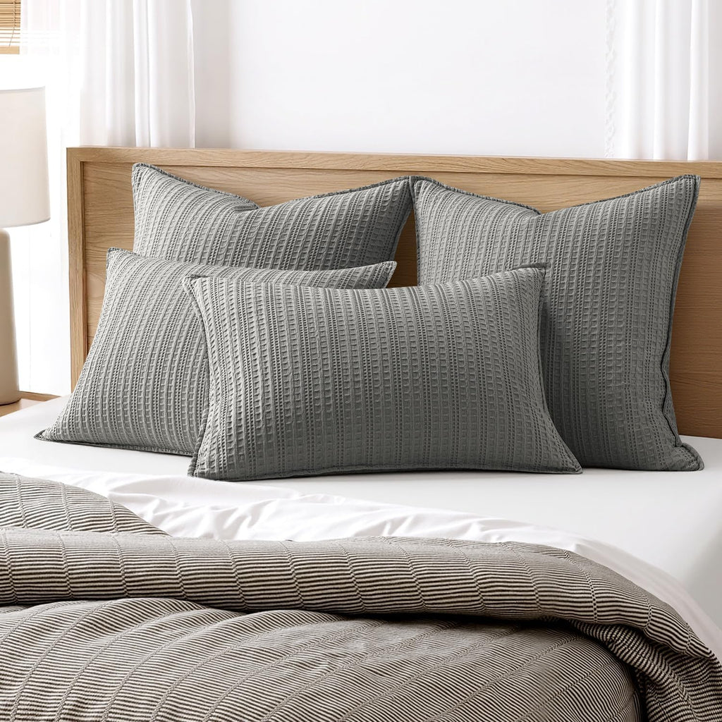 Set of 2 Decorative 100% Cotton Waffle Euro Sham Pillow Covers 24x24, Neutral Throw Pillows Weave European Cushion Cases for Couch Sofa…