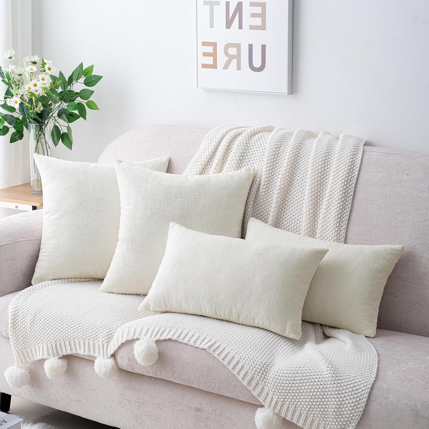 Hwy50 HWY 50 Cream White Lumbar Pillow Covers 12x20 Inch Pack of 2, Soft Chenille Decorative Throw Pillow Covers Farmhouse for Couch Sofa L…