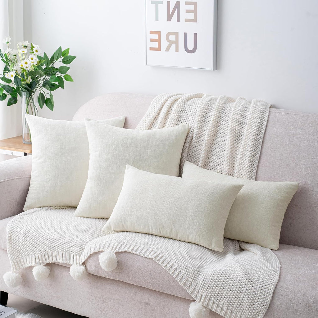 Hwy50 HWY 50 Cream White Couch Pillow Covers 18x18 Inch Pack of 2, Soft Chenille Decorative Throw Pillow Cases Farmhouse for Sofa Living Ro…