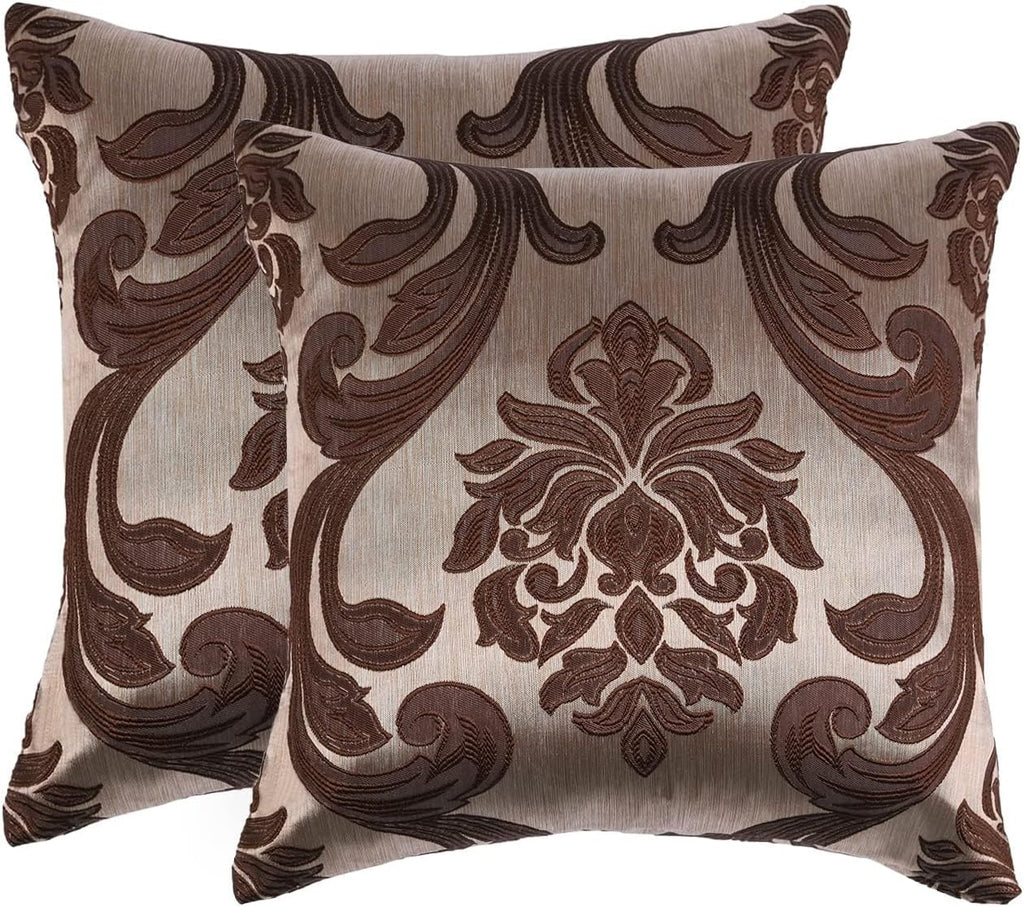 NAPEARL Throw Pillow Covers-Set of 2 Brown Beige Damask Jacquard Patterns, Luxury Satin Decorative Pillowcase for Couch, Sofa, Bed…