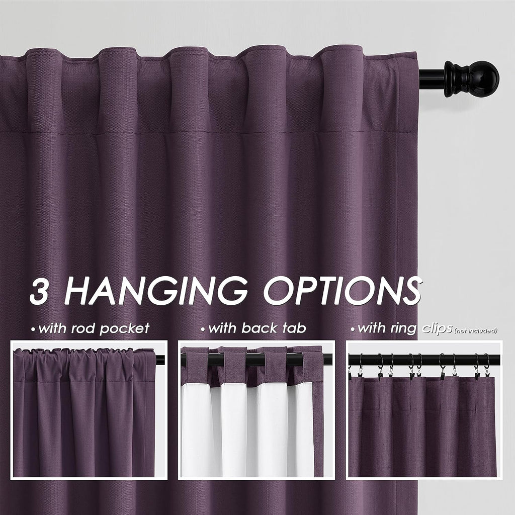Nanspring Plum 100% Blackout Linen Curtains 108 Inches Long for Bedroom Back Tab Thermal Insulated Luxury Modern Boho Decor Black Out Curta…