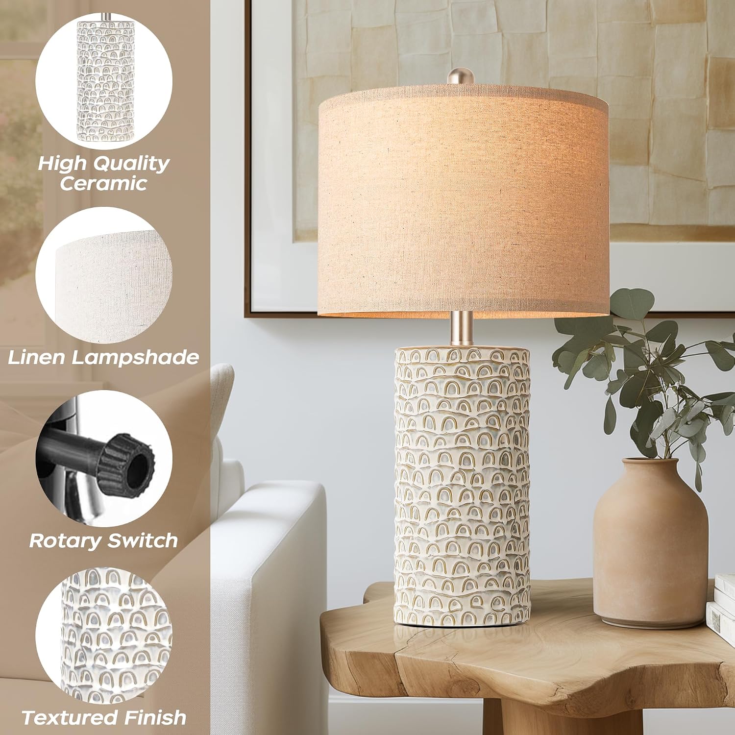 PARTPHONER 23" Modern Ceramic Table Lamp Set of 2, Table Lamps for Living Room, Rustic Farmhouse Bedside Lamps Nightstand lamp for…