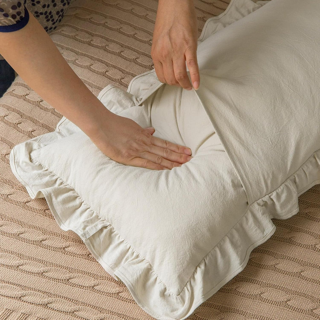 GLORY SEASON Pillow Shams Set of 2 Washed 100% Cotton Retro Ruffle Flounces Trim Solid Beige Decorative Pillow Cases for Home Bedroom…
