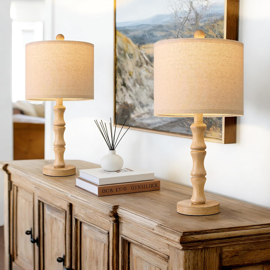 BOBOMOMO 20.5" Farmhouse Table Lamps Set of 2, Rustic Nightstand Lamps with Wood Grain Resin Base & Linen Shade, Small Bedside Lamps for…