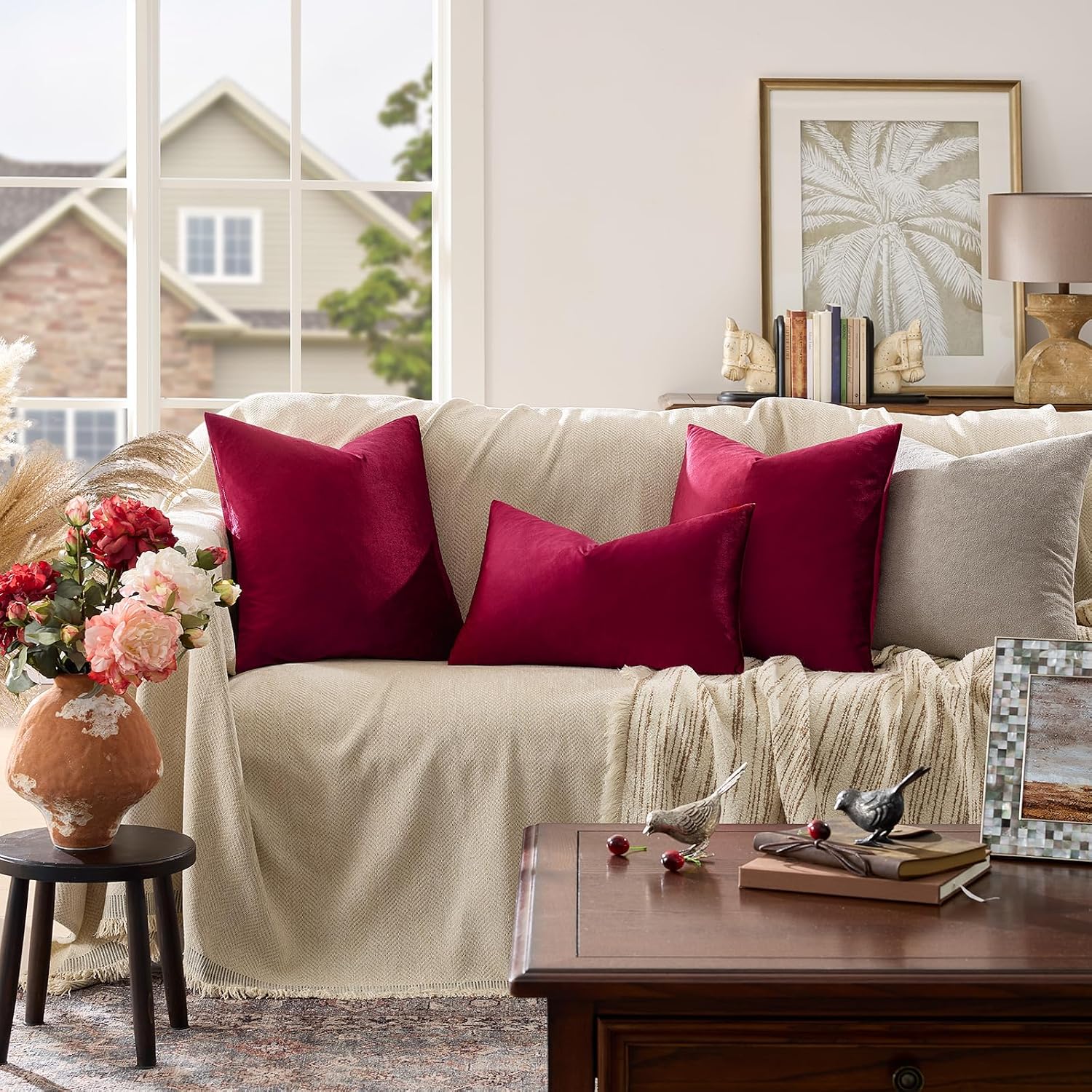GIGIZAZAFocusingonhomedecoration GIGIZAZA Burgundy Pillow Covers 24x24: Pack of 2 Throw Pillows Soft Solid Covers - Velvet Decorative Couch…