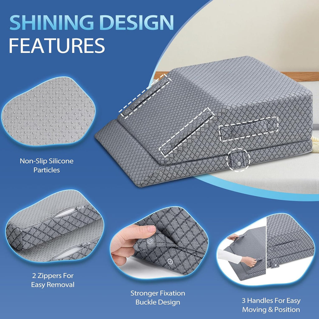 Wellsin 2 Height Adjustable Wedge Leg Pillow for Elevation, Memory Foam Leg Elevation Pillows for Swelling with 3 Handles and Washable Cover