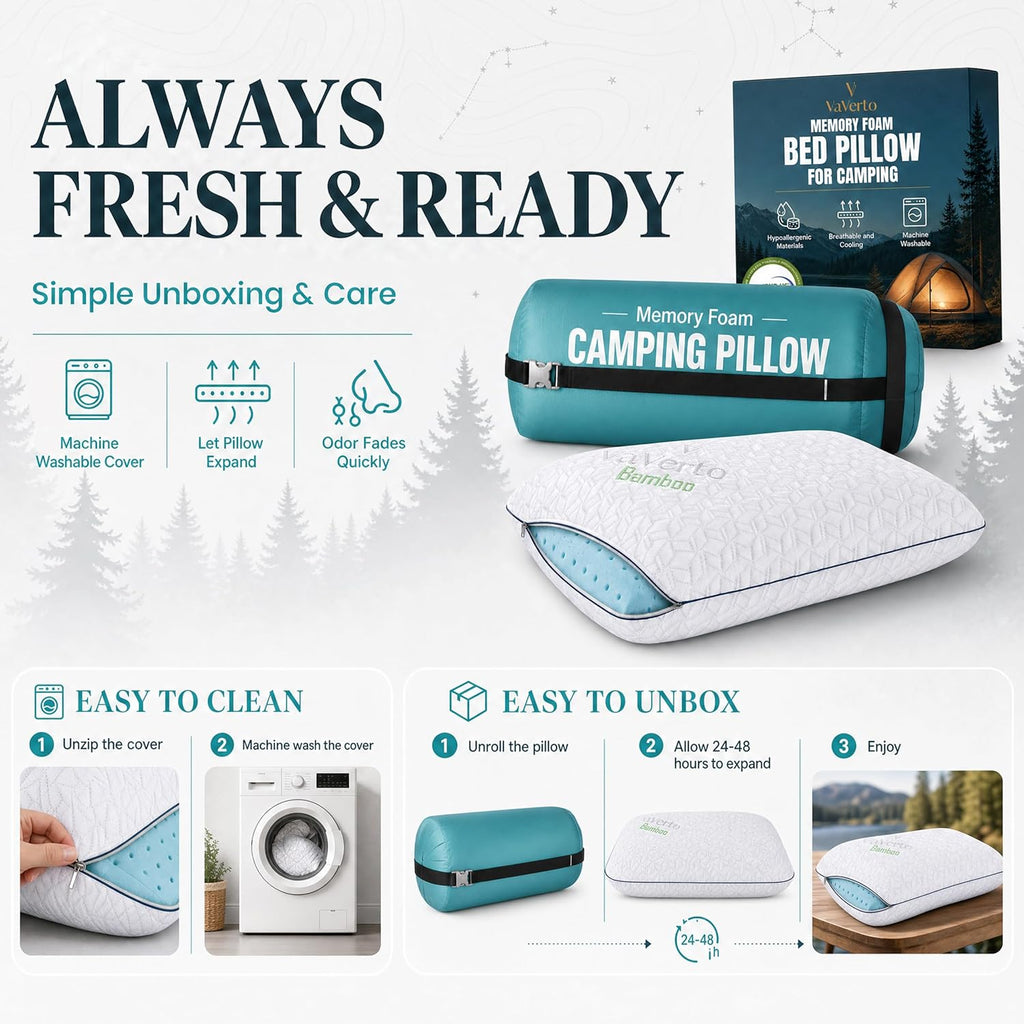 Vaverto Small Memory Foam Bed Pillow for Camping - Compressible Medium Firm, Breathable Cover, Machine Washable, Ideal Backpacking