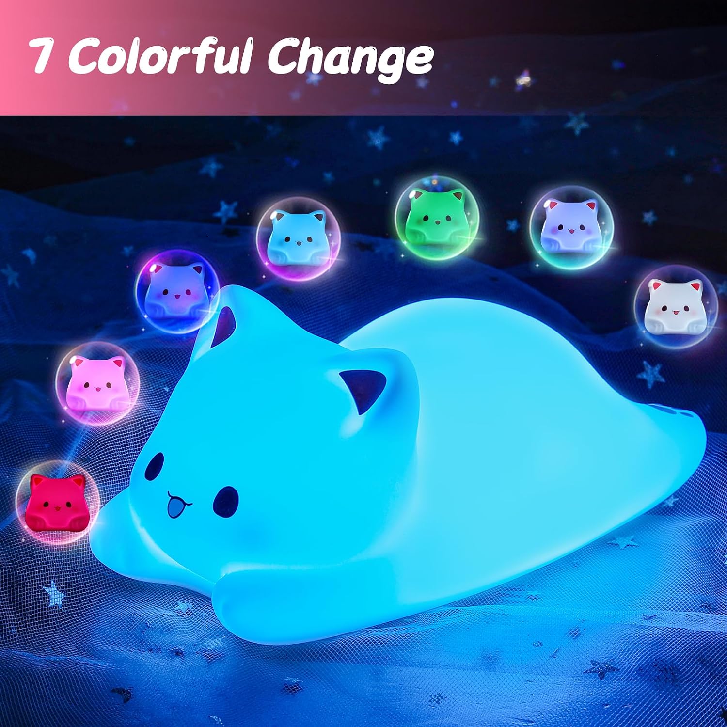 LOVERUIS Cute Night Light for Kids Cat Night-Light Baby Girl Squishy NightLight 1/3 Hour Timer Kitty Light Baby Dimmable Nursery Lamp…