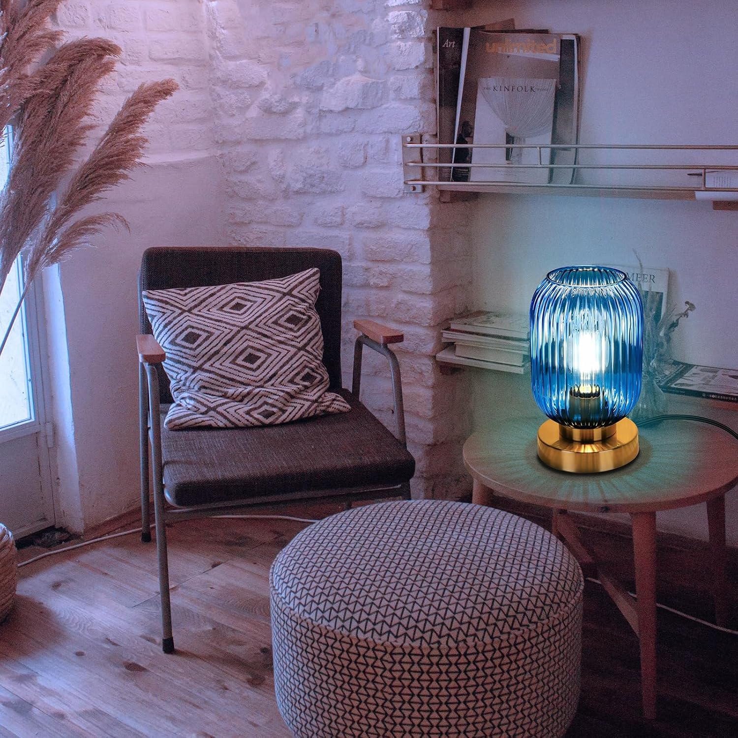 Mid Century Modern Table Lamp with Blue Ribbed Glass Shade, Touch Control & 3 Way Dimmable, Small Gold, Vintage Bedside Lamp for Bedroom…