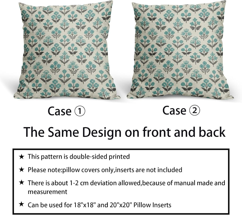 Black Teal Floral Pillow Covers 16x16 Inch Set of 2, Spring Summer Vintage Flower Block Print Pattern Decorative Throw Pillowcases…