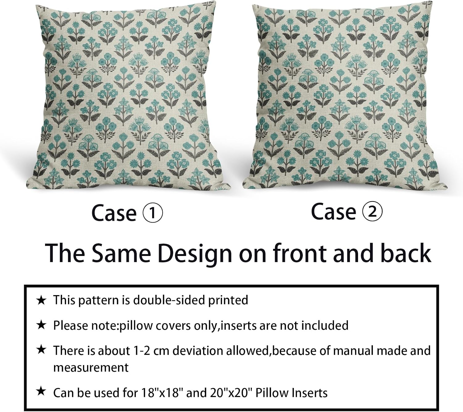 Black Teal Floral Pillow Covers 16x16 Inch Set of 2, Spring Summer Vintage Flower Block Print Pattern Decorative Throw Pillowcases…