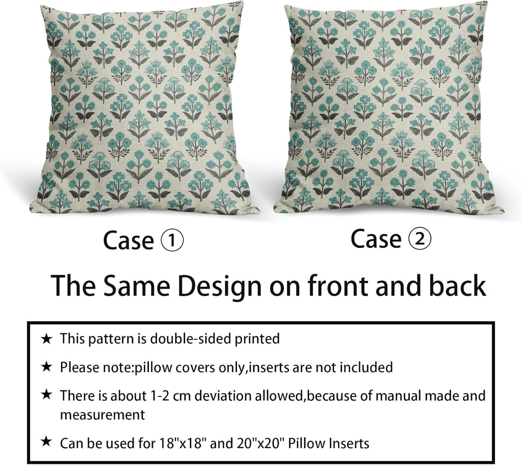 Black Teal Floral Pillow Covers 22x22 Inch Set of 2, Spring Summer Vintage Flower Block Print Pattern Decorative Throw Pillowcases…