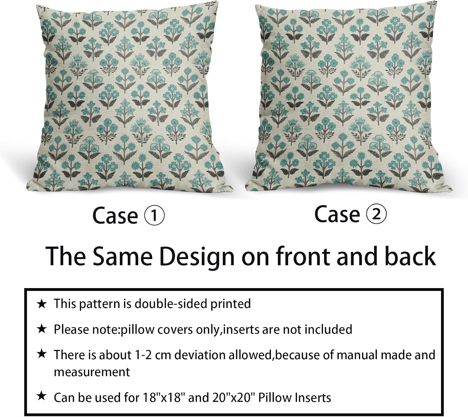 Black Teal Floral Pillow Covers 22x22 Inch Set of 2, Spring Summer Vintage Flower Block Print Pattern Decorative Throw Pillowcases…