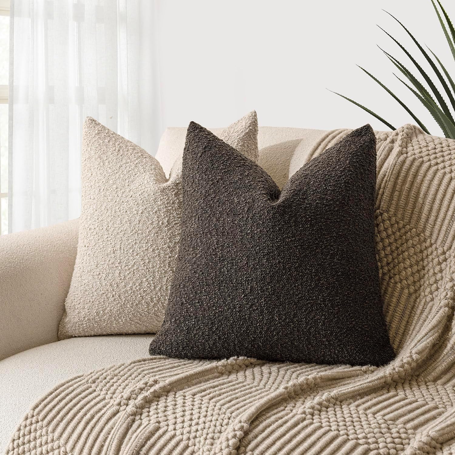 Foindtower Decorative Textured Boucle Throw Pillow Covers Accent Solid Pillow Cases Neutral Soft Cozy Couch Cushion Case for Chair Sofa…