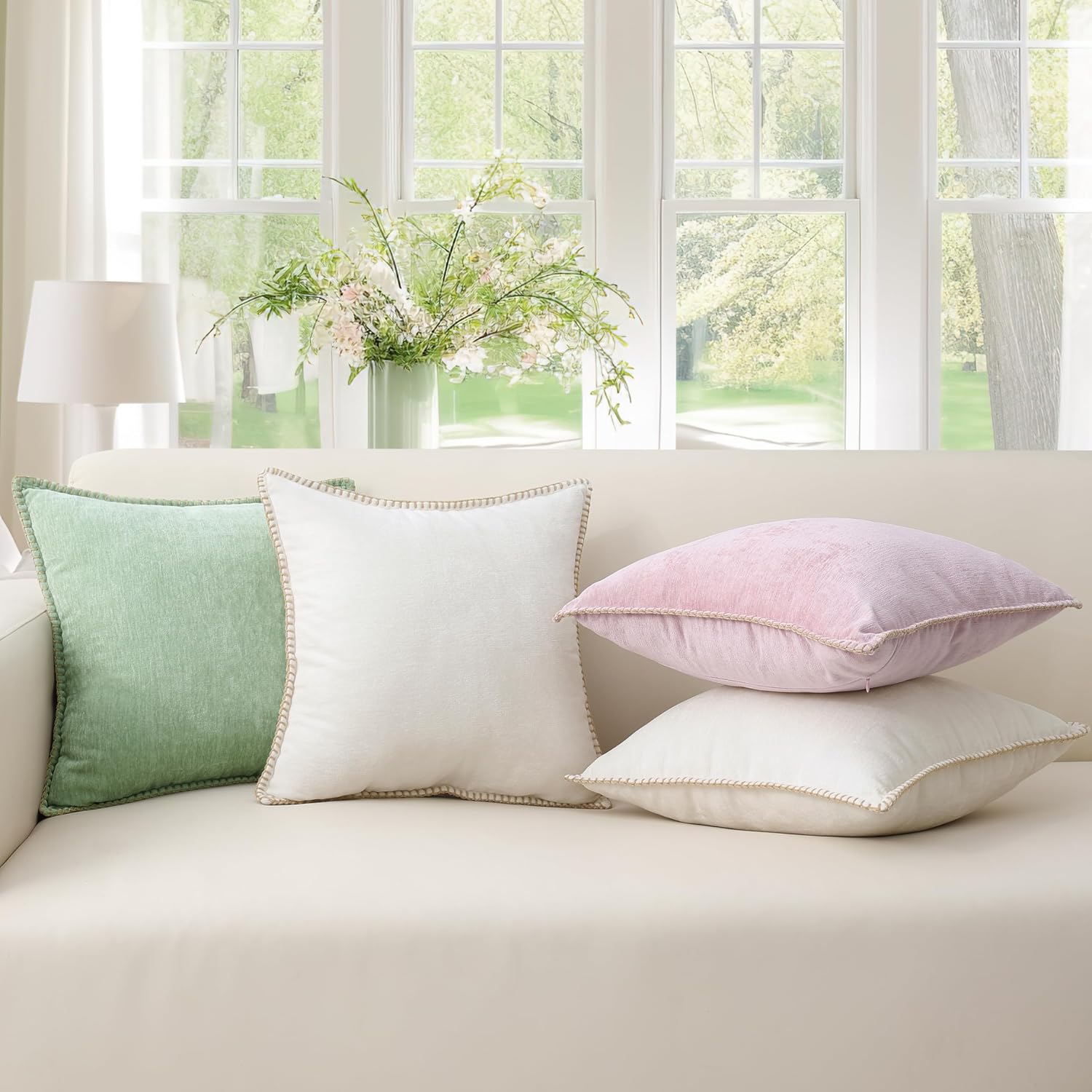 decorUhome Summer Chenille Soft Cozy Throw Pillow Covers 18x18 Set of 2, Modern Farmhouse Boho Velvet Decorative Pillow Cases with Stitched…