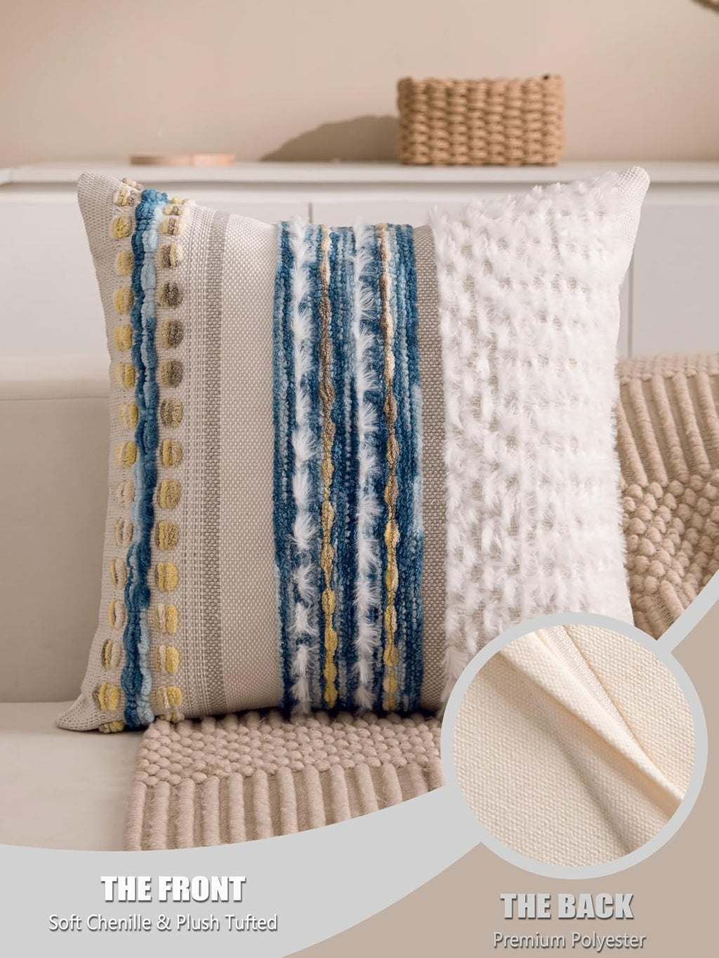 Boho Chenille Tufted Couch Throw Pillow Covers 18x18 Inch Set of 2 Farmhouse Striped Decorative Pillow Covers Accent Neutral Square…