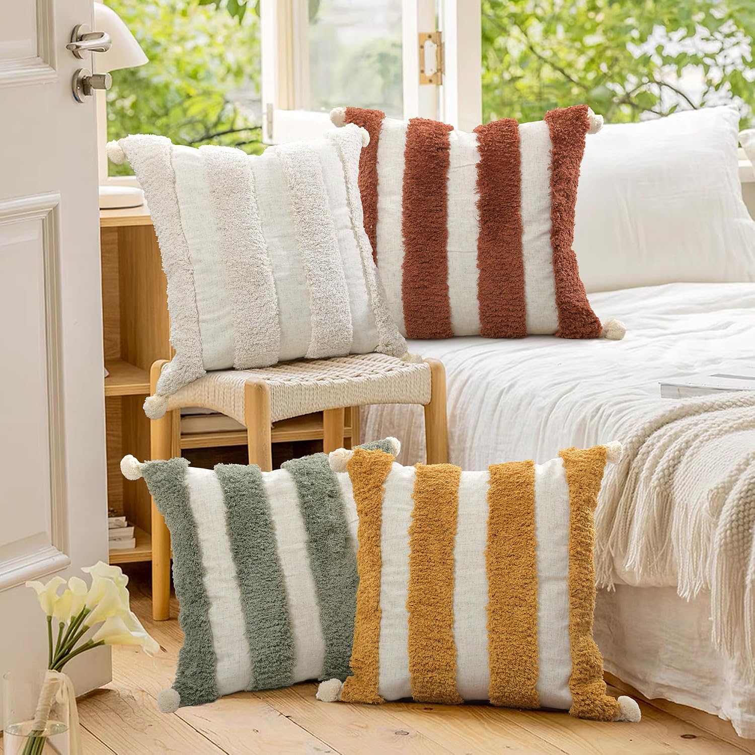 Loopuinhom Boho Pillow Covers 18X18 Inch Boho Tufted Linen Throw Pillow Covers Decorative Pompoms Cushion Cover Farmhouse Pillow Case for C…