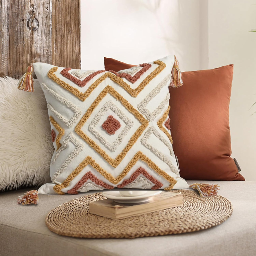 Loopuinhom Boho Pillow Covers 18X18 Inch Boho Tufted Throw Pillow Covers Decorative Tassels Cushion Cover Farmhouse Pillow Case for Couch S…