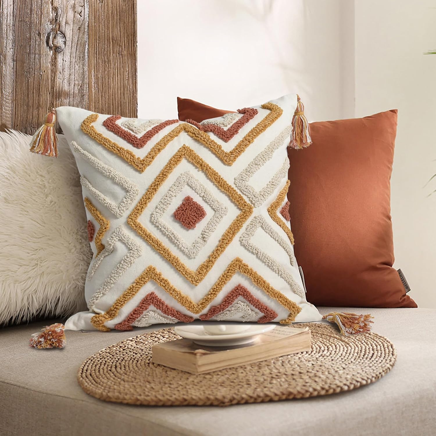 Loopuinhom Boho Pillow Covers 18X18 Inch Boho Tufted Throw Pillow Covers Decorative Tassels Cushion Cover Farmhouse Pillow Case for Couch S…