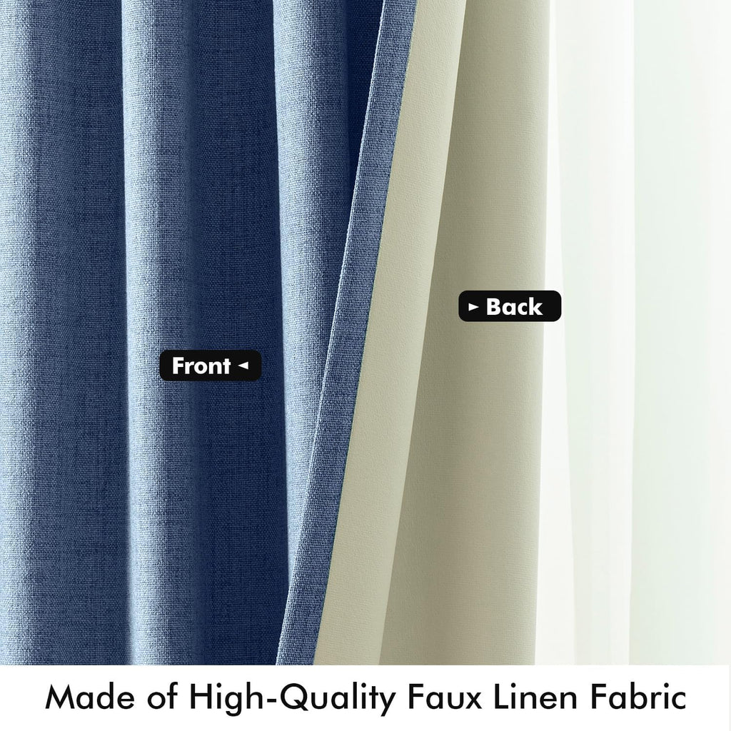 Miulee 100% Blackout Linen Curtains for Bedroom, Blue Solid Luxury Decor Thermal Insulation Room Darkening Drapes for Living Room Nursery B…