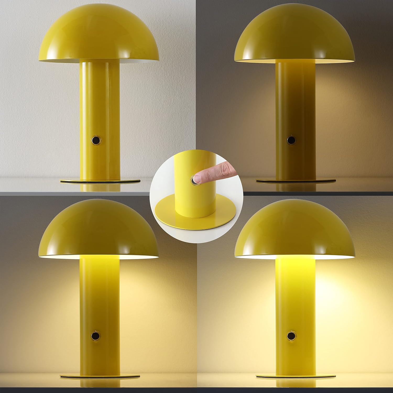 JONATHAN Y 10.75" Yellow Rechargeable LED Mushroom Table Lamp, Cordless Portable Bedside Lamp for Living Room Bedroom, 3-Way Dimmable…