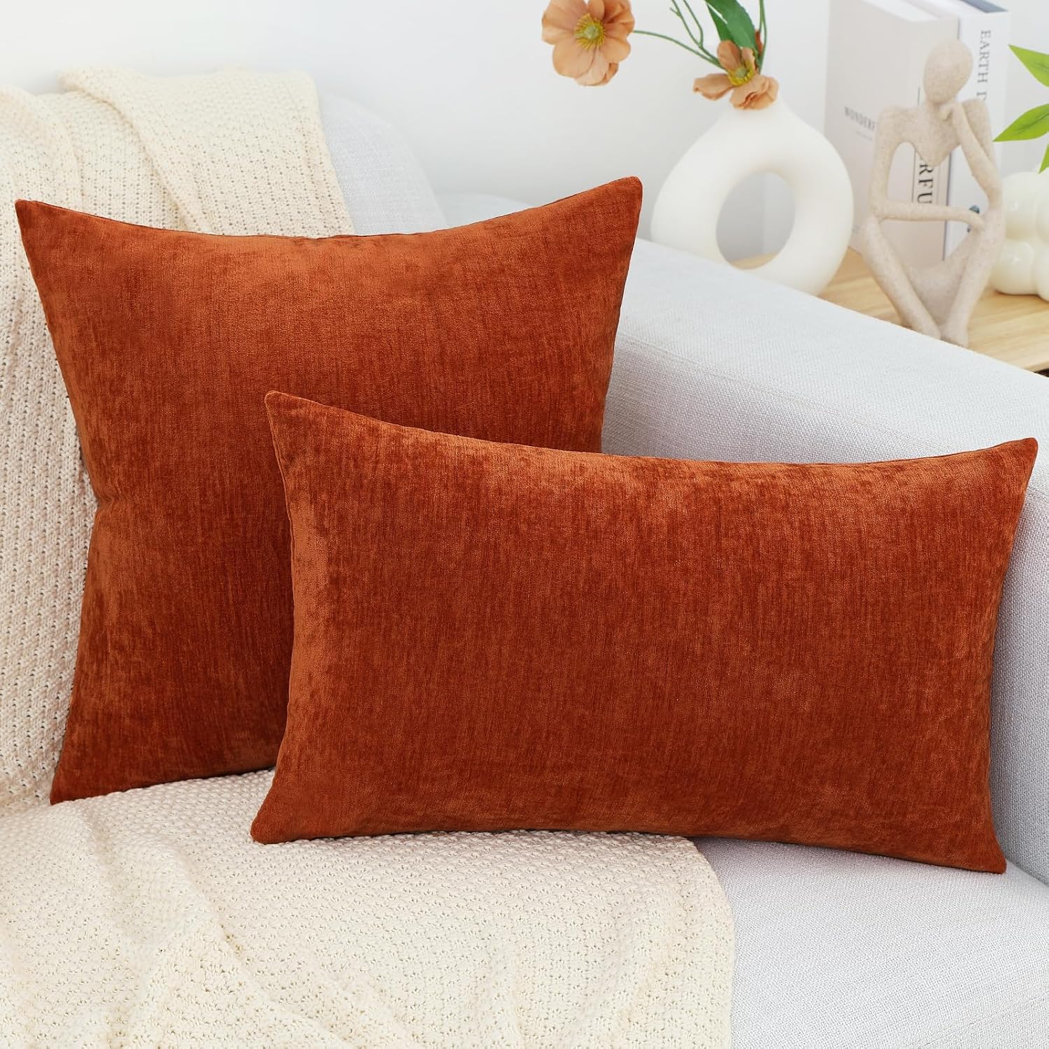 decorUhome Chenille Rust Throw Pillow Covers 16x16 Inch Set of 2, Decorative Soft Couch Pillow Covers Solid Dyed Accent Farmhouse Neutral S…