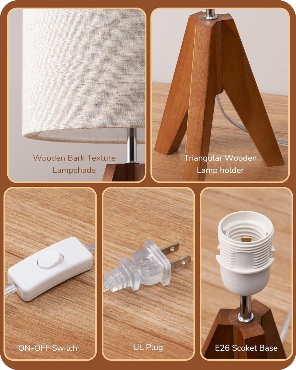 EDISHINE Small Table Lamp, Wooden Tripod Bedside Lamp with Linen Fabric Lampshade, 14.2" Nightstand Lamp for Bedroom, Living Room…