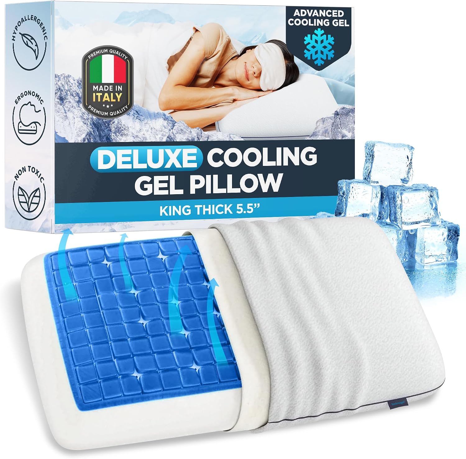 Technogel Deluxe Cooling Gel Pillow - Patented Cooling Technology, Odorless Memory Foam, Breathable Ergonomic Support for Side & Back Sleep…