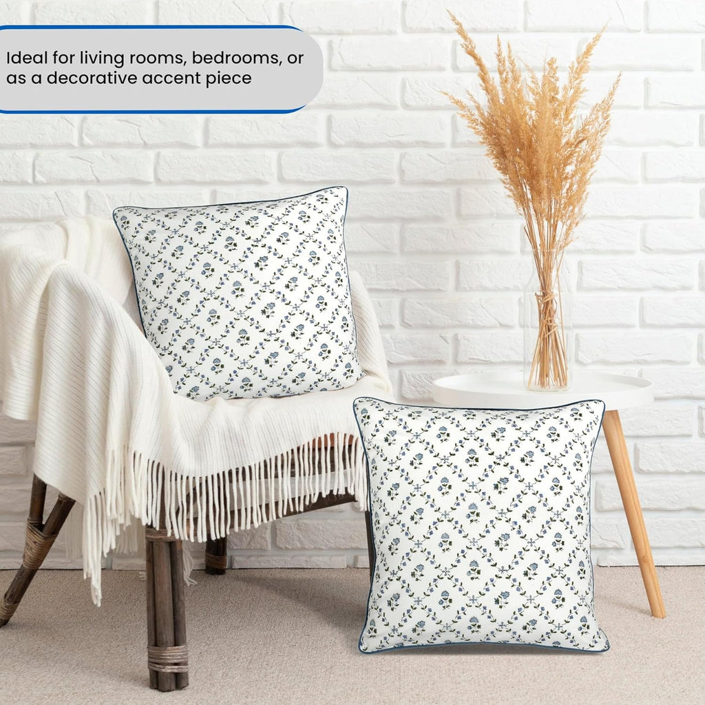 Ridhi Block Print Powder Blue Pillow Cover 20" x 20" (Pack of 2) Decorative Couch Pillows for Living Room, Farmhouse Chic Boho Cute Outdoor…