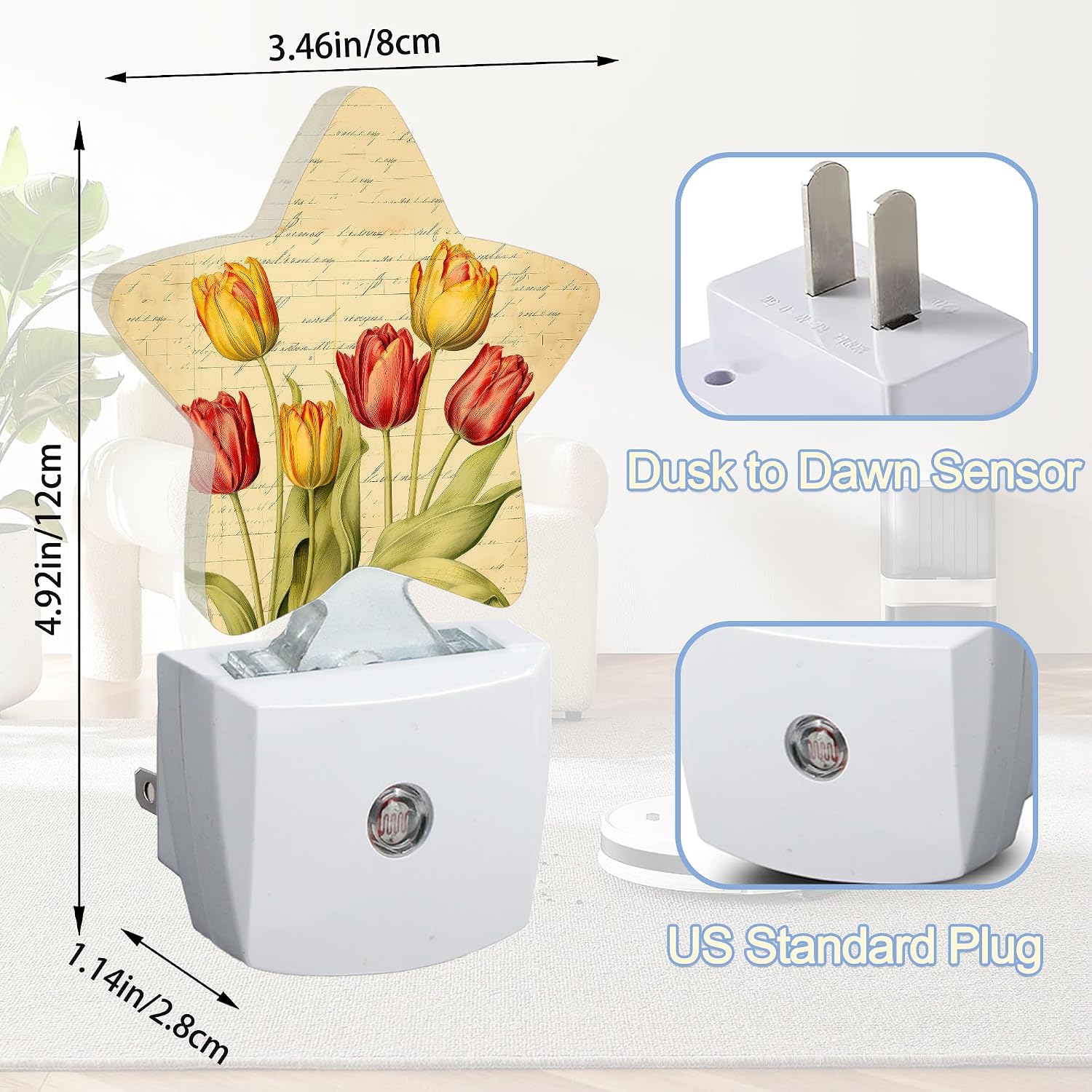 Snowmolle Vintage Tulips Nightlight, Spring Flowers Star Night Lights Plug into Wall Decorations for Bedroom Bathroom, Dusk to Dawn Sensor Ki…