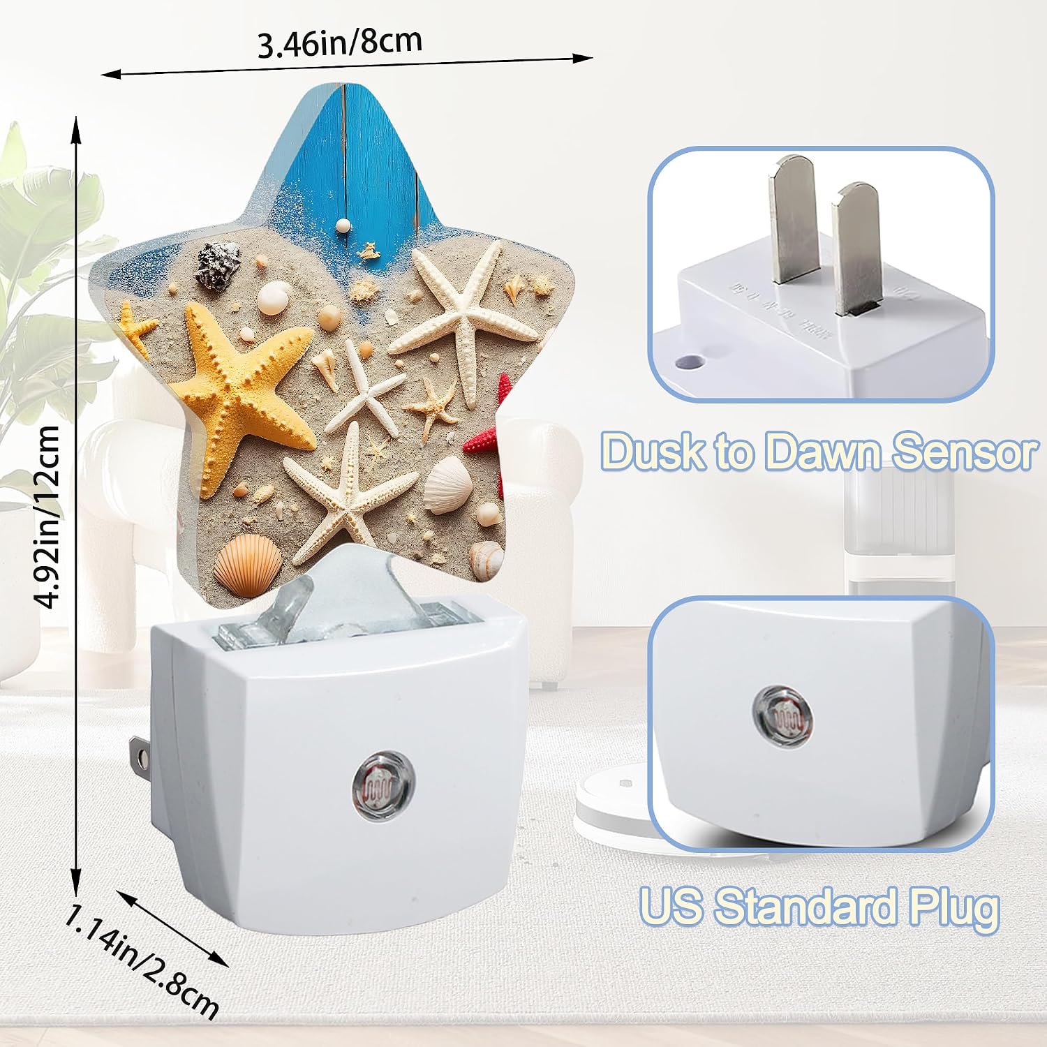Snowmolle Coastal Seashell Starfish Night Lights Plug Into Wall, Blue Wooden Star Night Light for Kids, Nightlight with Dusk to Dawn Smart Se…